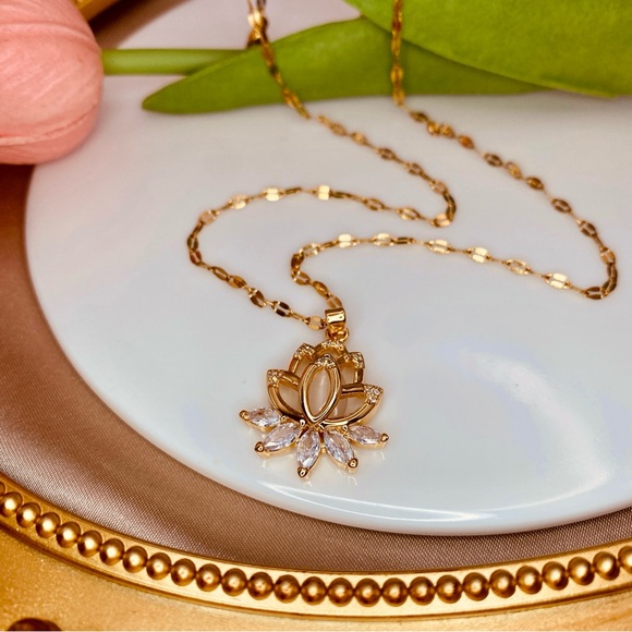 Beautiful Lotus Flower Opal CZ Pendant Design Dainty Chain Necklace in Gold - Picture 2 of 5